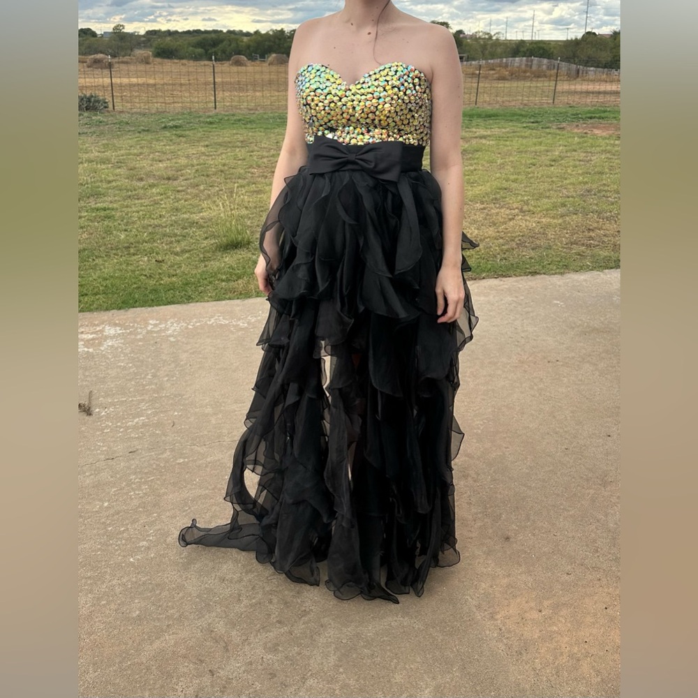 Black Ruffled Gown with Sequin Bodice